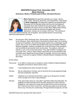 MASTERS Podcast Club, December 2020 Marie Osmond Entertainer, Mother, Philanthropist & Warm, Wonderful Woman