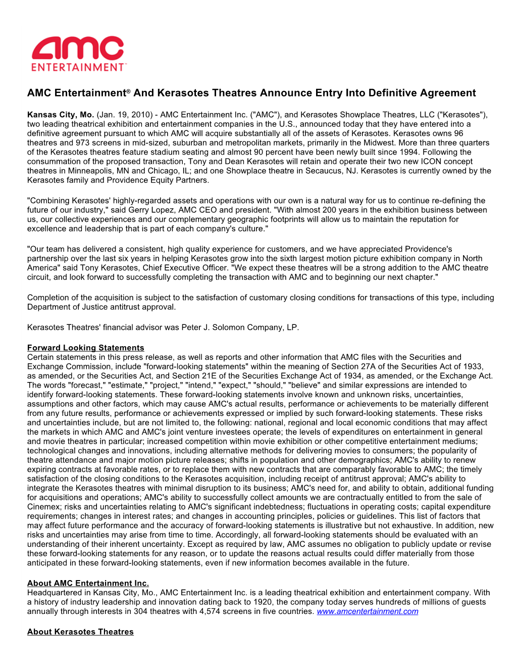 AMC Entertainment® and Kerasotes Theatres Announce Entry Into Definitive Agreement