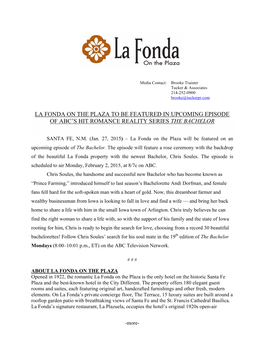 La Fonda on the Plaza to Be Featured in Upcoming Episode of Abc’S Hit Romance Reality Series the Bachelor