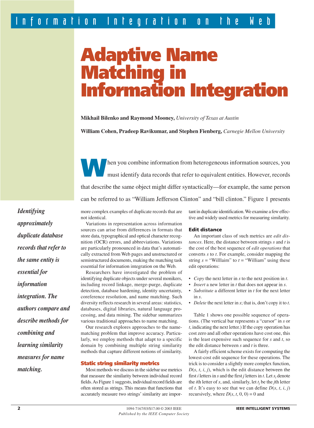 Adaptive Name Matching in Information Integration