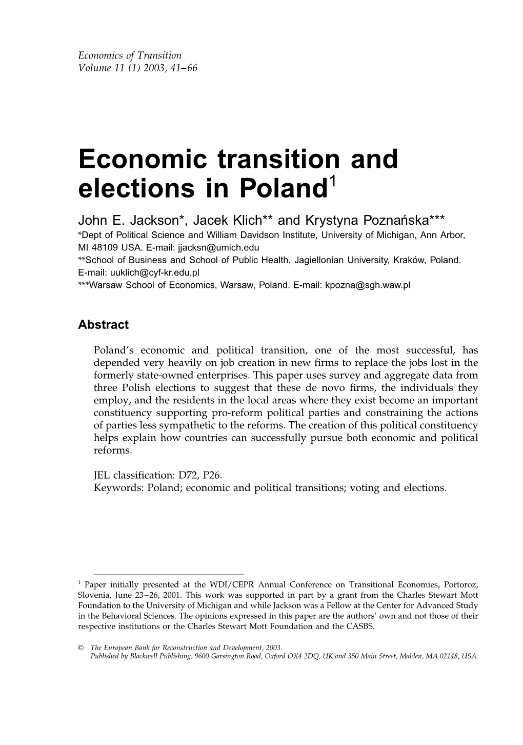 Economic Transition and Elections in Poland1