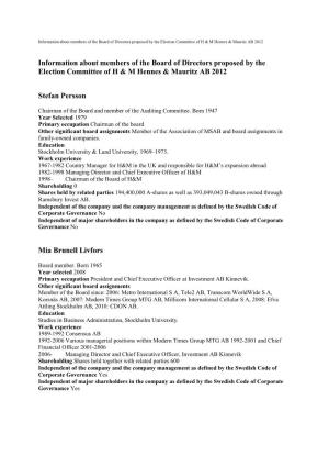 Information About Members of the Board of Directors Proposed by the Election Committee of H & M Hennes & Mauritz AB 2012