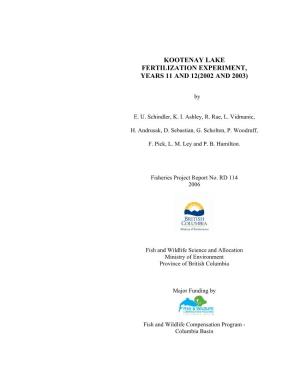 Kootenay Lake Fertilization Experiment, Years 11 and 12(2002 and 2003)