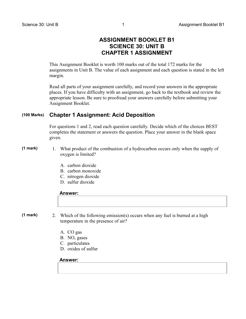 Science 30: Unit B 2 Assignment Booklet B1