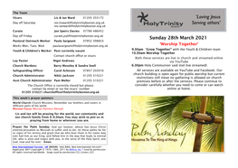 Sunday 28Th March 2021 Pastoral Outreach Worker Paula Sargeant 07852 398833 ‘Worship Together’ Works Mon, Tues, Wed