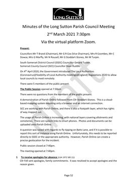Minutes of the Long Sutton Parish Council Meeting 2Nd March 2021 7:30Pm Via the Virtual Platform Zoom
