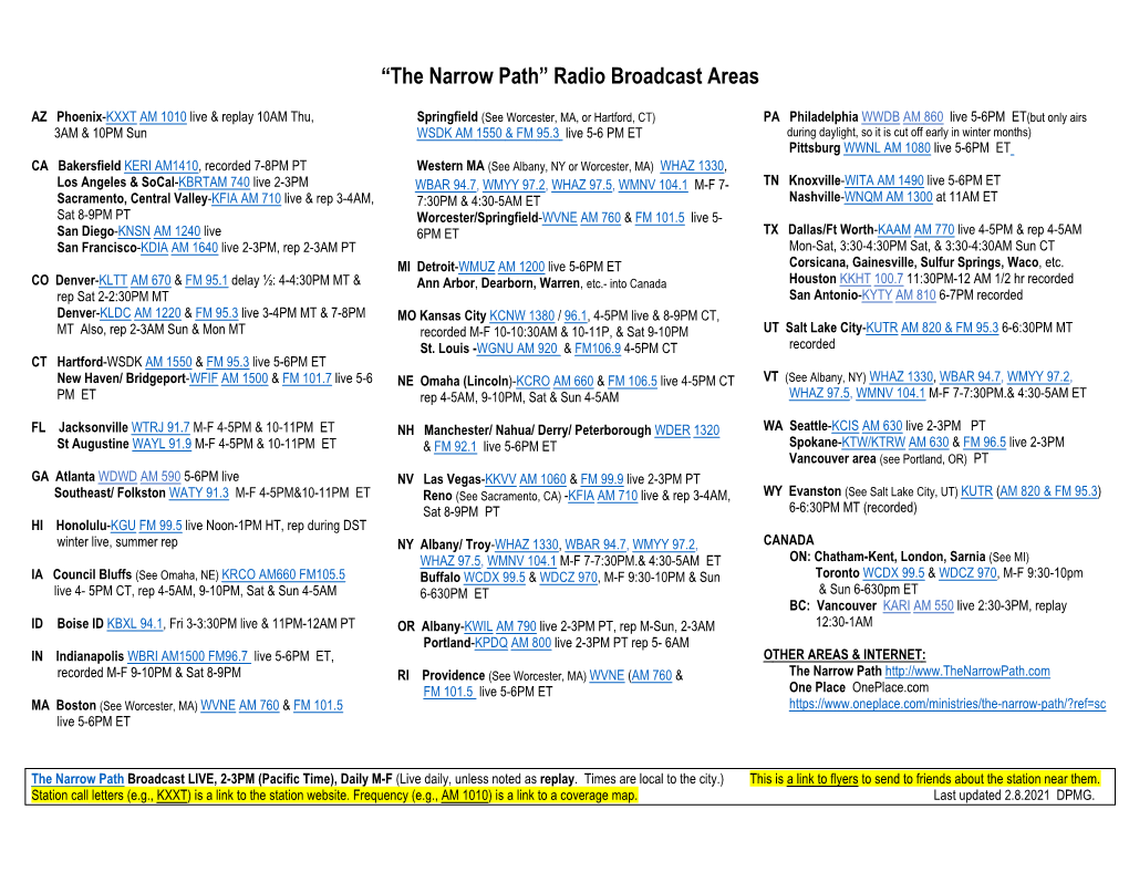 “The Narrow Path” Radio Broadcast Areas