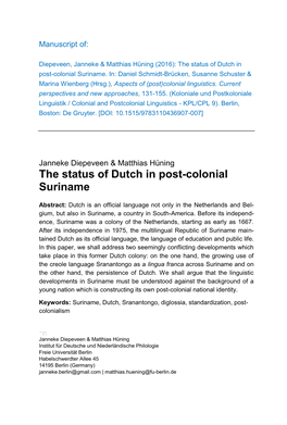 The Status of Dutch in Post-Colonial Suriname