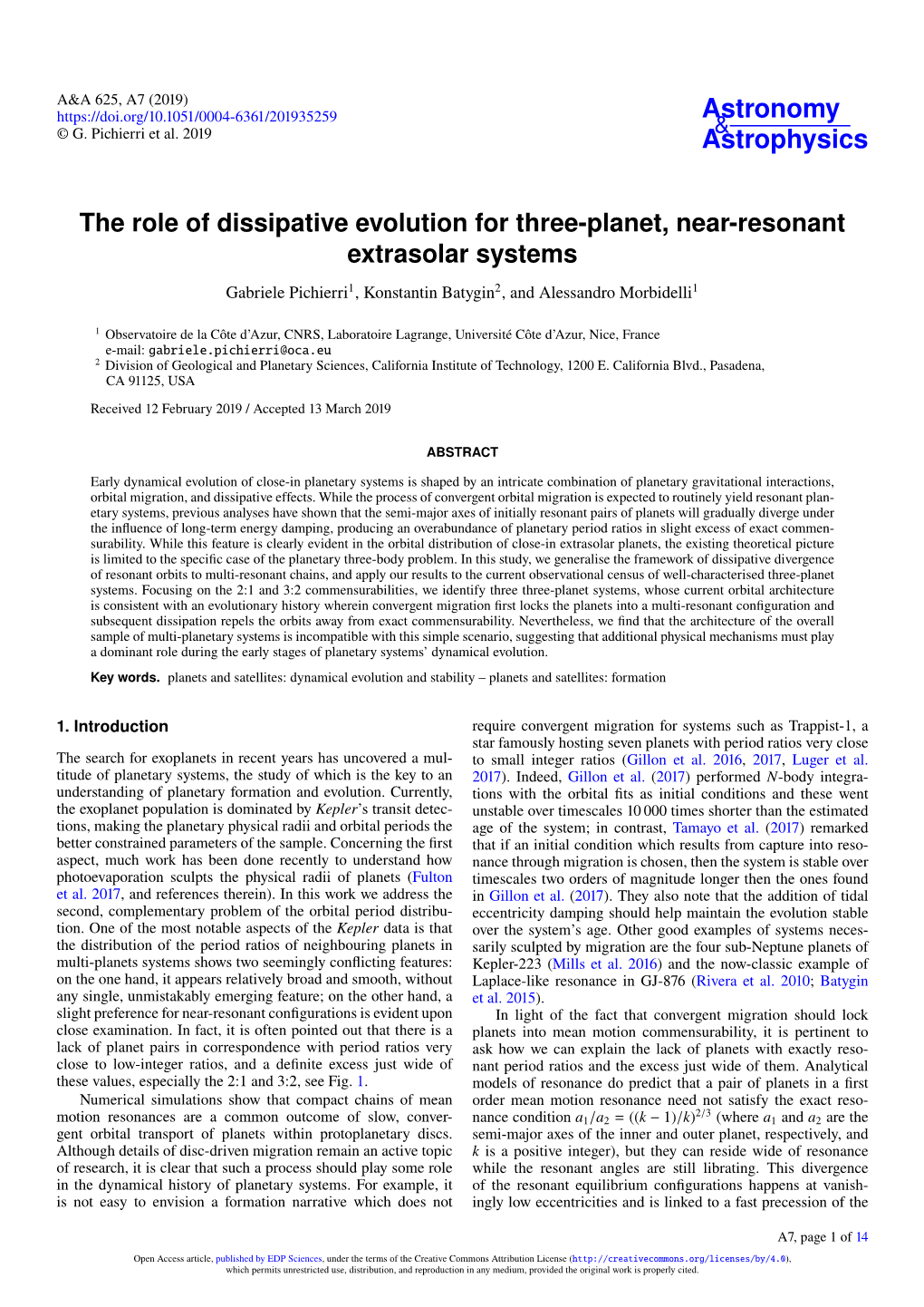 The Role of Dissipative Evolution for Three-Planet, Near-Resonant Extrasolar Systems Gabriele Pichierri1, Konstantin Batygin2, and Alessandro Morbidelli1