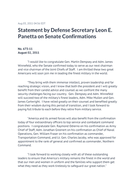 Statement by Defense Secretary Leon E. Panetta on Senate Confirmations