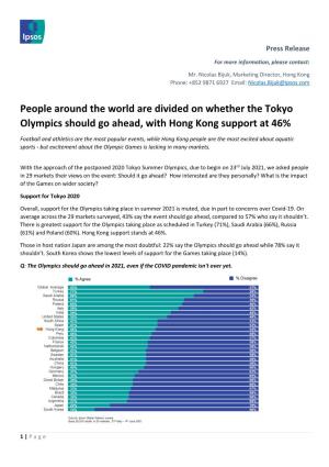 People Around the World Are Divided on Whether the Tokyo Olympics Should Go Ahead, with Hong Kong Support at 46%