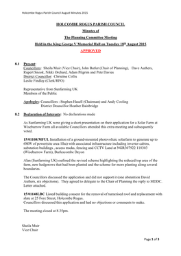 HOLCOMBE ROGUS PARISH COUNCIL Minutes of the Planning Committee Meeting Held in the King George V Memorial Hall on Tuesday 18Th August 2015 APPROVED