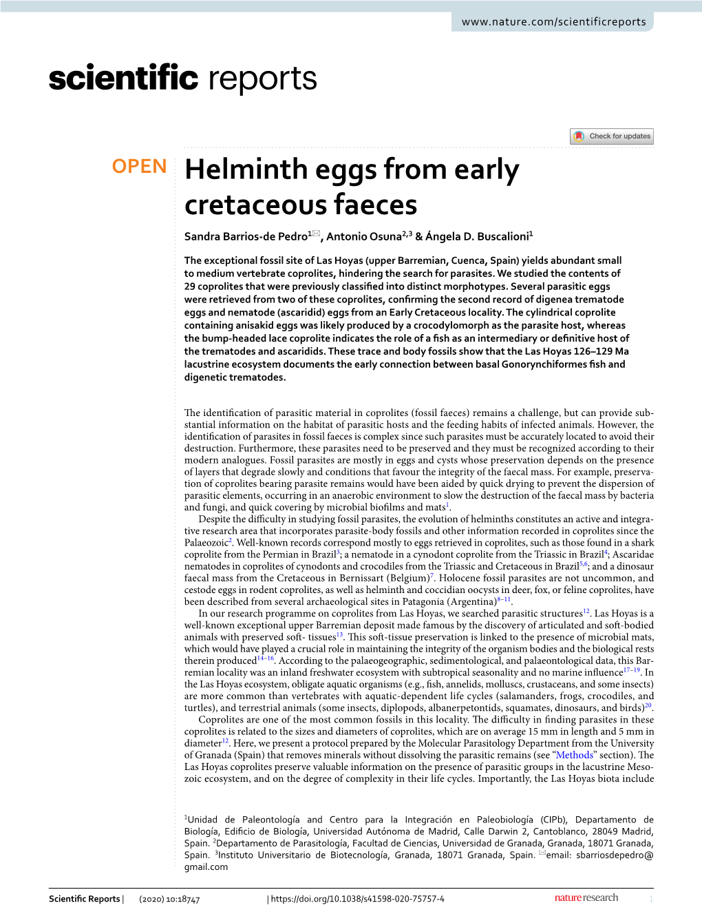 Helminth Eggs from Early Cretaceous Faeces Sandra Barrios‑De Pedro1*, Antonio Osuna2,3 & Ángela D