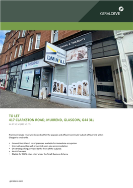 To Let 417 Clarkston Road, Muirend, Glasgow, G44 3Ll 44.87 Sq M (483 Sq Ft)