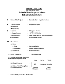 Balwada Micro Irrigation Scheme Indicative Salient Features