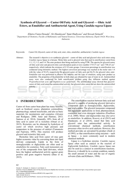 Castor Oil Fatty Acid and Glycerol –– Oleic Acid Esters, As Emulsifier and Antibacterial Agent, Using Candida Rugosa Lipase