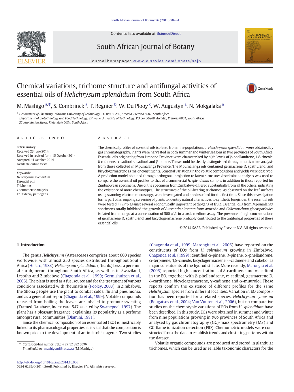 Chemical Variations, Trichome Structure and Antifungal Activities of Essential Oils of Helichrysum Splendidum from South Africa