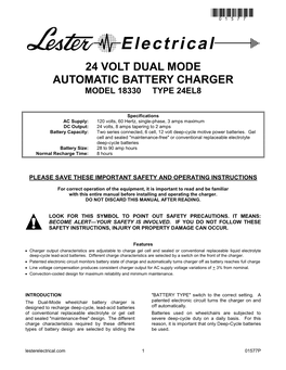 24 Volt Dual Mode Automatic Battery Charger Model 18330 Type 24El8