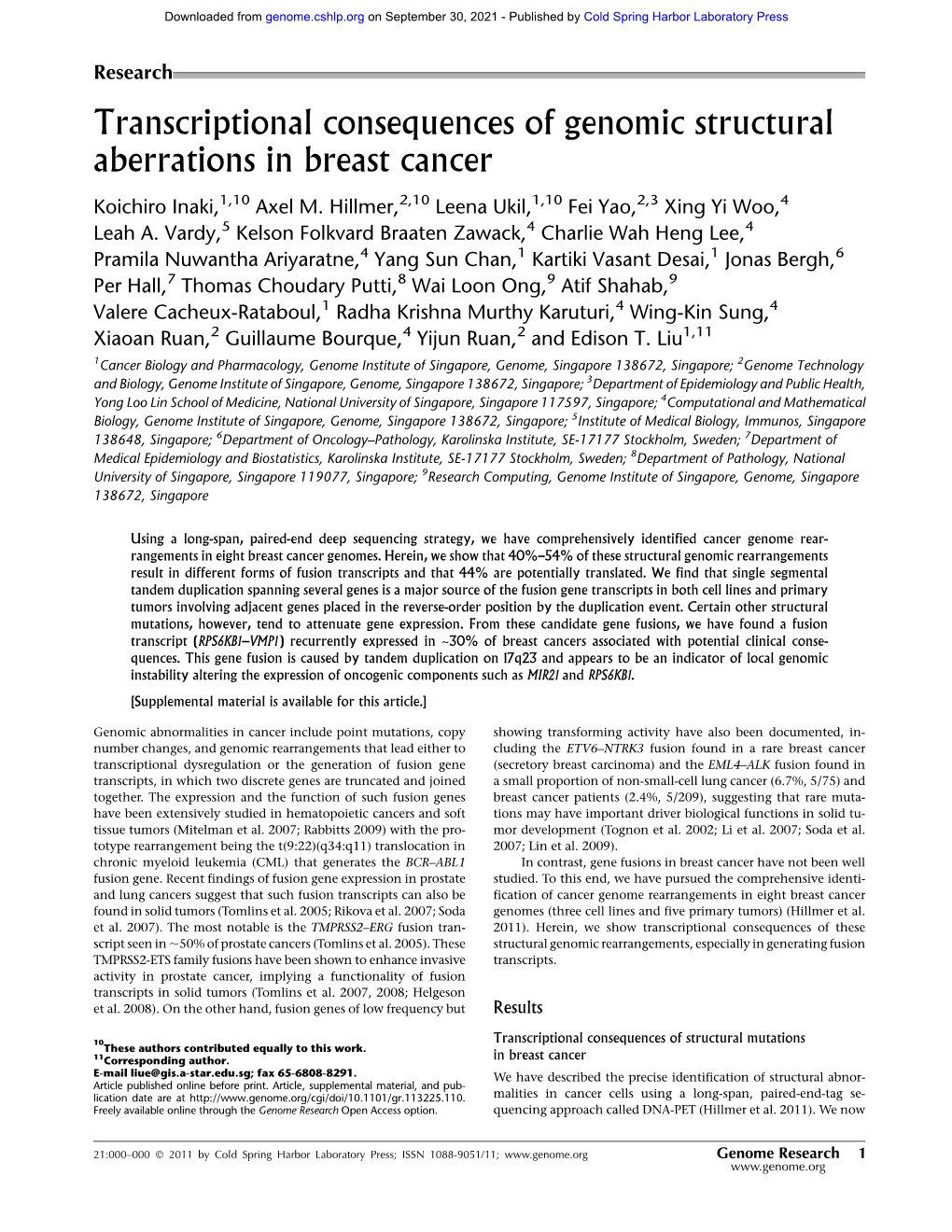 Transcriptional Consequences of Genomic Structural Aberrations in Breast Cancer