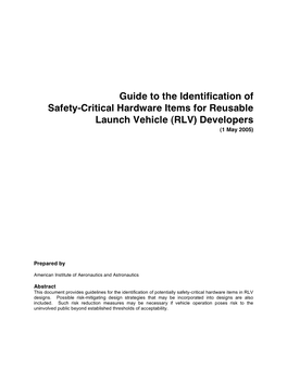 Guide to the Identification of Safety-Critical Hardware Items for Reusable Launch Vehicle (RLV) Developers (1 May 2005)