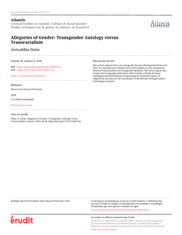Allegories of Gender: Transgender Autology Versus Transracialism Aniruddha Dutta