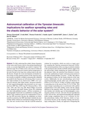Astronomical Calibration of the Ypresian Timescale: Implications for Seaﬂoor Spreading Rates and the Chaotic Behavior of the Solar System?