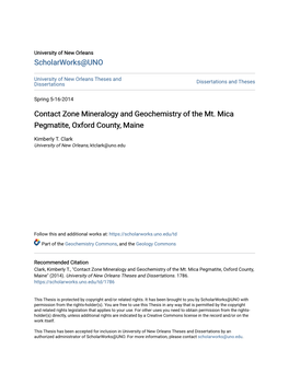 Contact Zone Mineralogy and Geochemistry of the Mt. Mica Pegmatite, Oxford County, Maine
