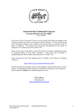 Journal of the Continental Congress Excerpts Related to the Post Office Rev
