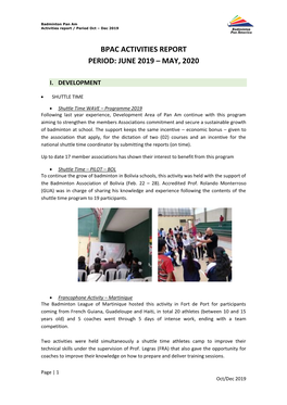 Bpac Activities Report Period: June 2019 – May, 2020