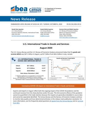 U.S. International Trade in Goods and Services August 2020