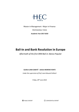 Bail-In and Bank Resolution in Europe Aftermath of the First SRM Bail-In: Banco Popular