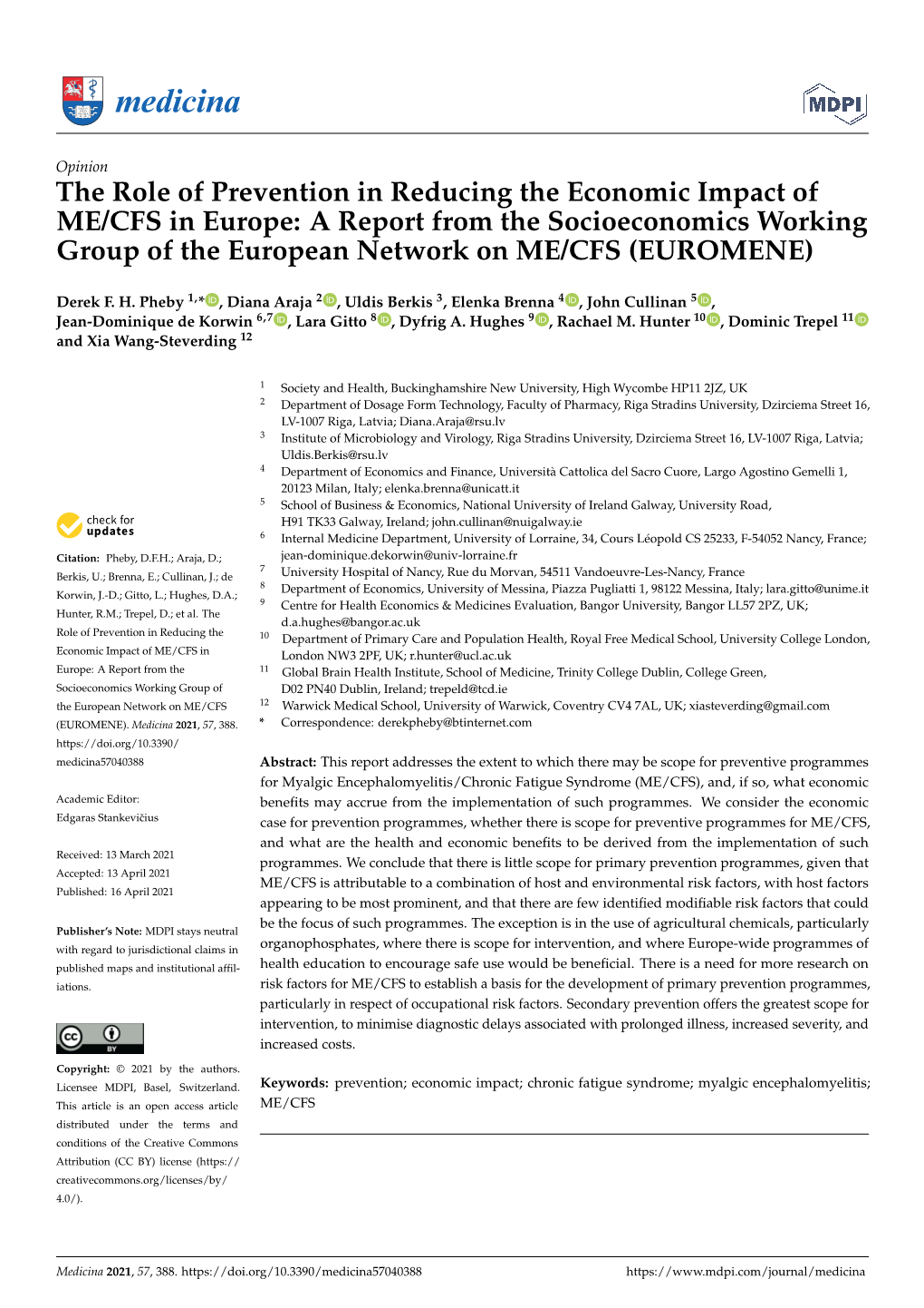 The Role of Prevention in Reducing the Economic Impact of ME/CFS in Europe: a Report from the Socioeconomics Working Group of Th