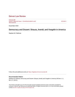 Democracy and Dissent: Strauss, Arendt, and Voegelin in America