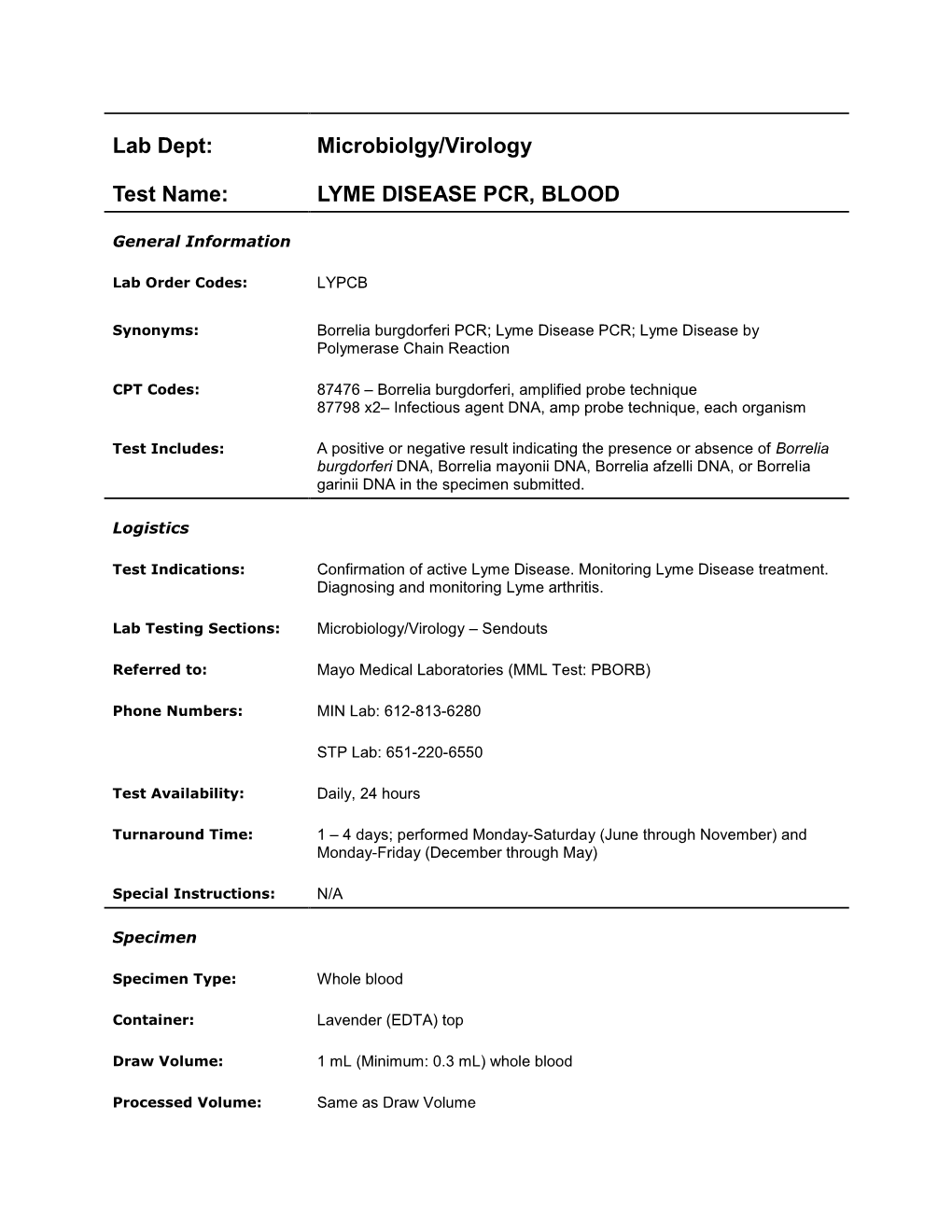 Microbiolgy/Virology Test Name: LYME DISEASE PCR, BLOOD