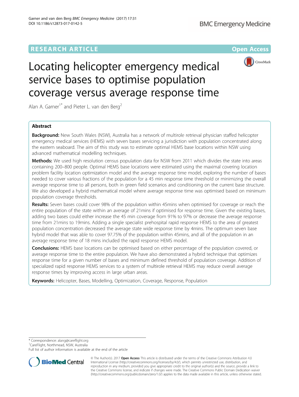 Locating Helicopter Emergency Medical Service Bases to Optimise Population Coverage Versus Average Response Time Alan A