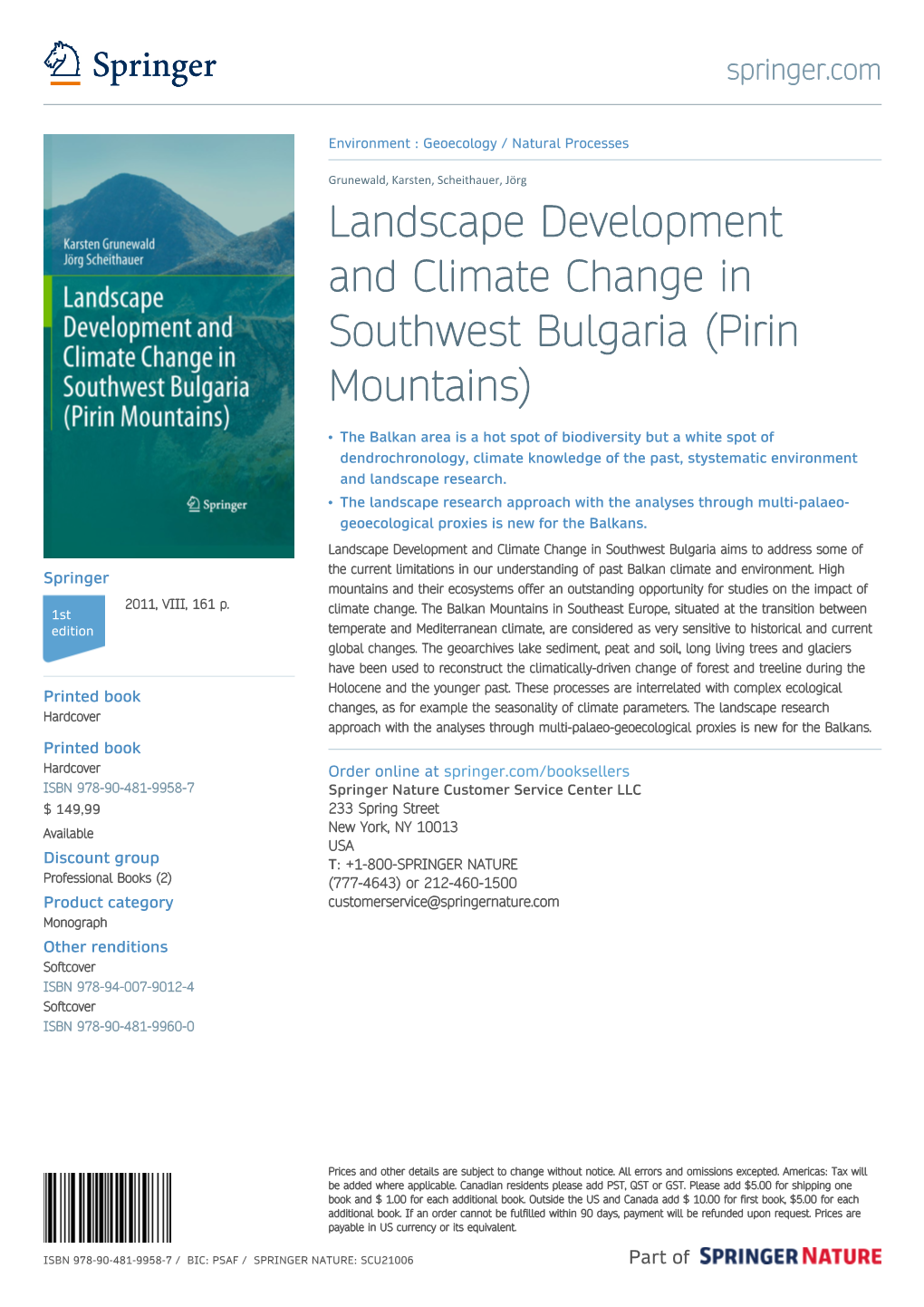 Landscape Development and Climate Change in Southwest Bulgaria (Pirin Mountains)