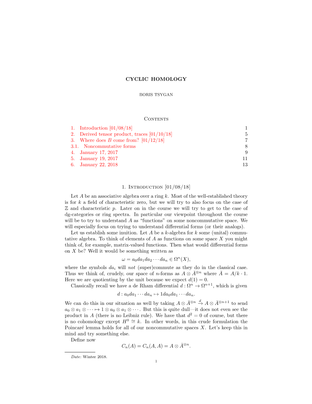 CYCLIC HOMOLOGY Contents 1. Introduction [01/08/18] 1 2. Derived