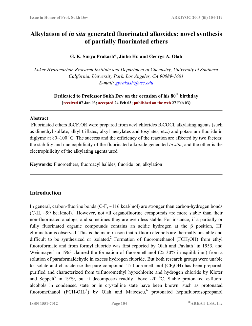 Novel Synthesis of Partially Fluorinated Ethers