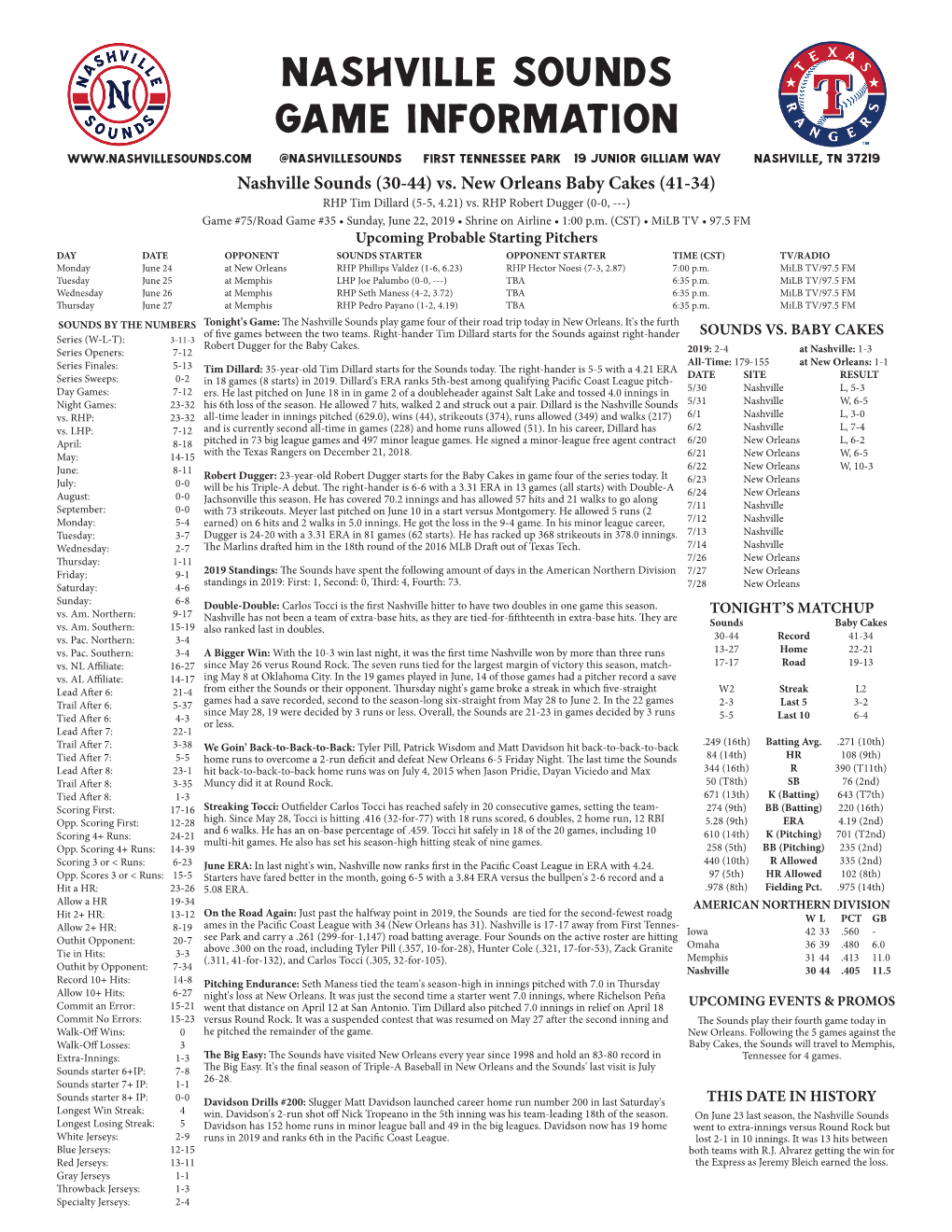 Nashville Sounds Game Information @Nashvillesounds First Tennessee Park 19 Junior Gilliam Way Nashville, TN 37219 Nashville Sounds (30-44) Vs