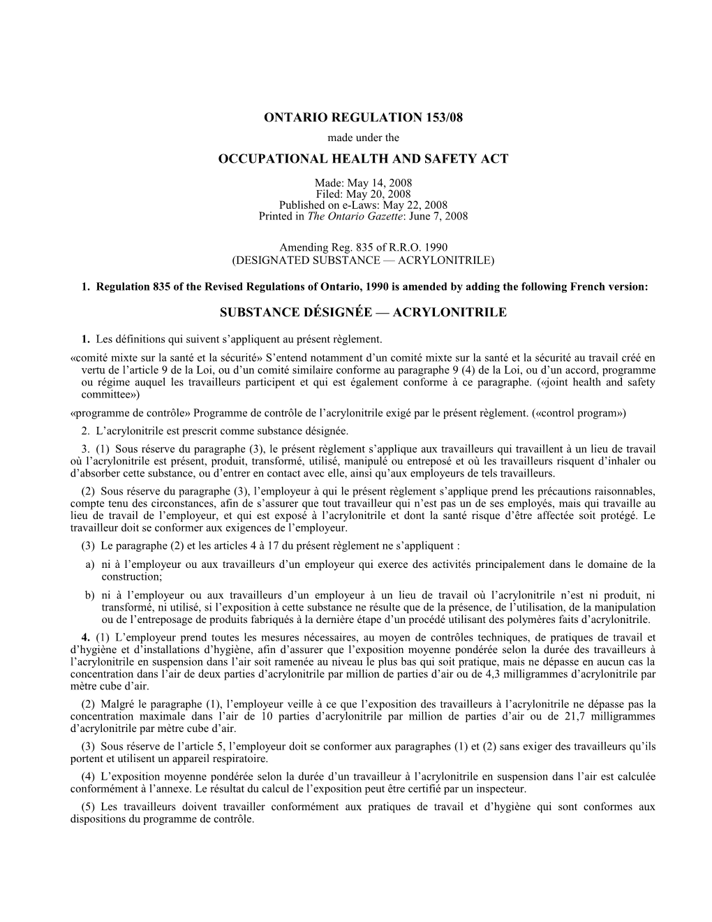 OCCUPATIONAL HEALTH and SAFETY ACT - O. Reg. 153/08