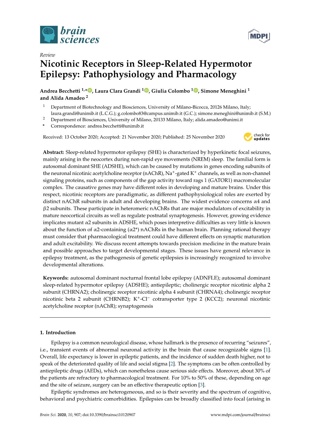 Nicotinic Receptors in Sleep-Related Hypermotor Epilepsy: Pathophysiology and Pharmacology