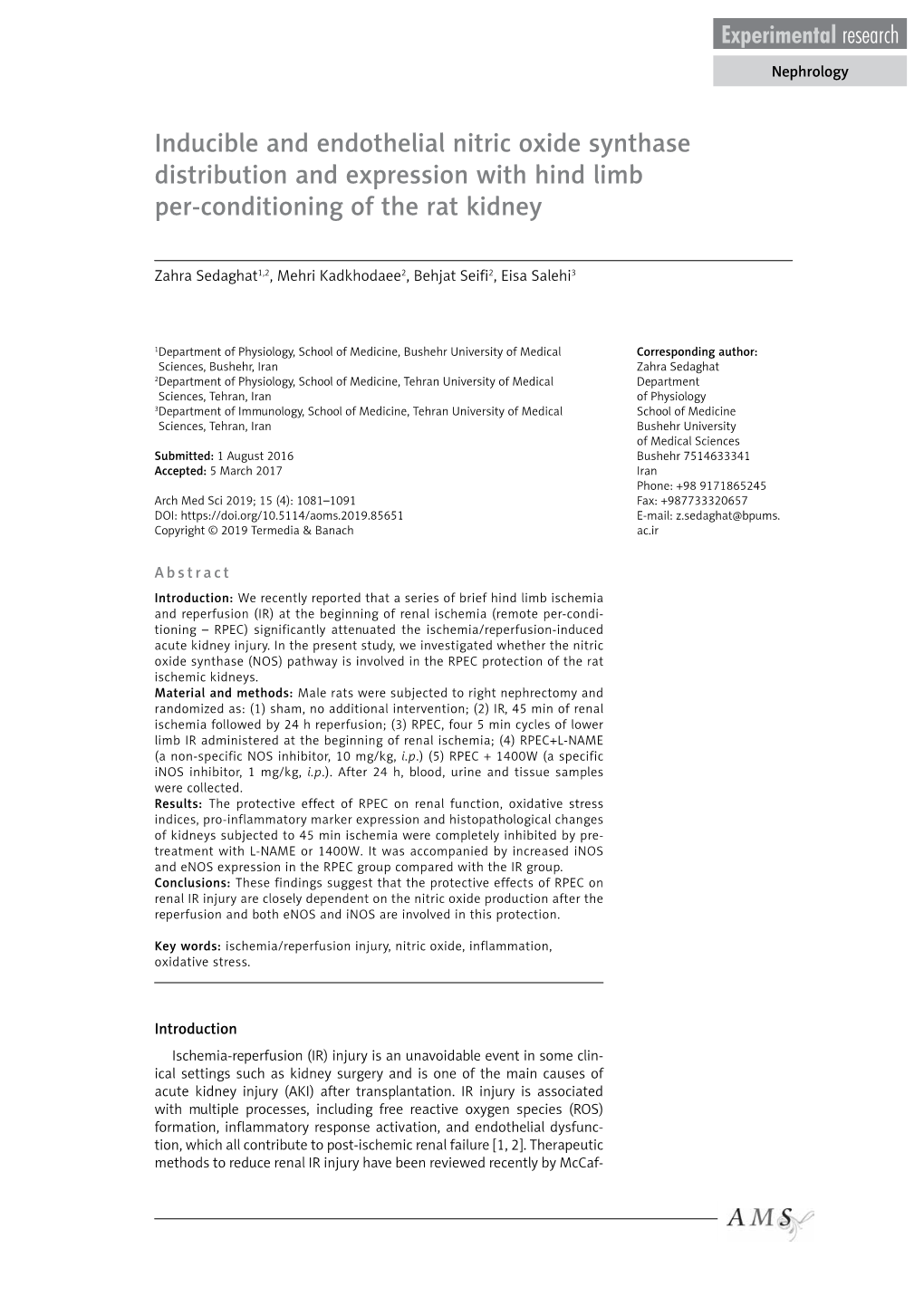 Inducible and Endothelial Nitric Oxide Synthase Distribution and Expression with Hind Limb Per-Conditioning of the Rat Kidney