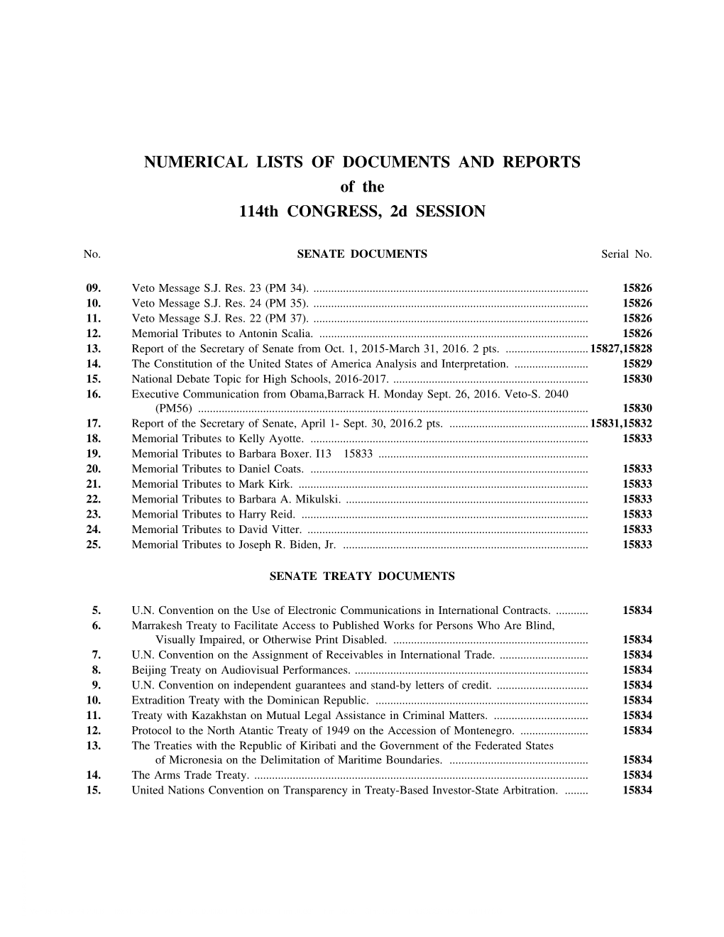 NUMERICAL LISTS of DOCUMENTS and REPORTS of the 114Th CONGRESS, 2D SESSION