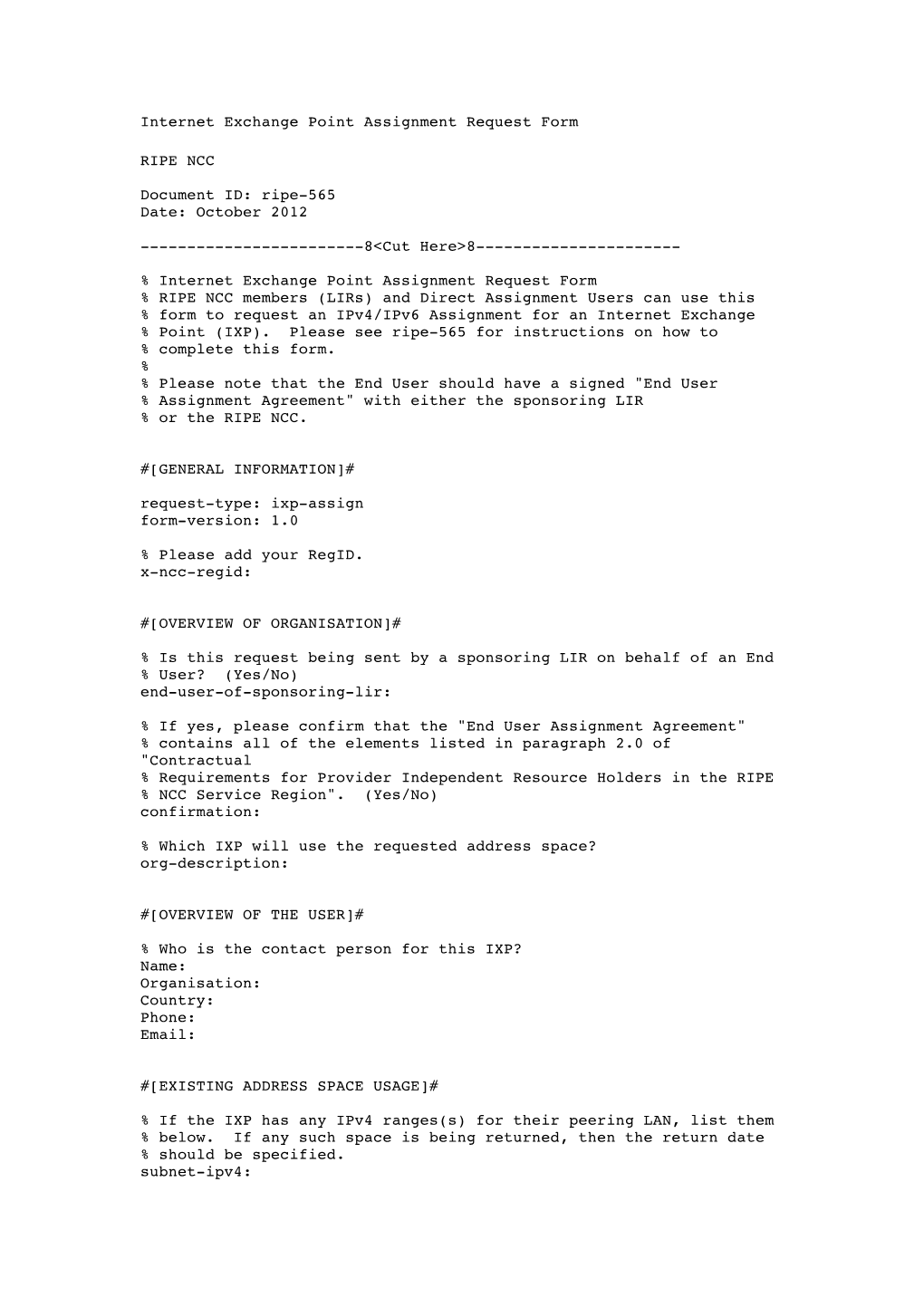 Internet Exchange Point Assignment Request Form RIPE NCC