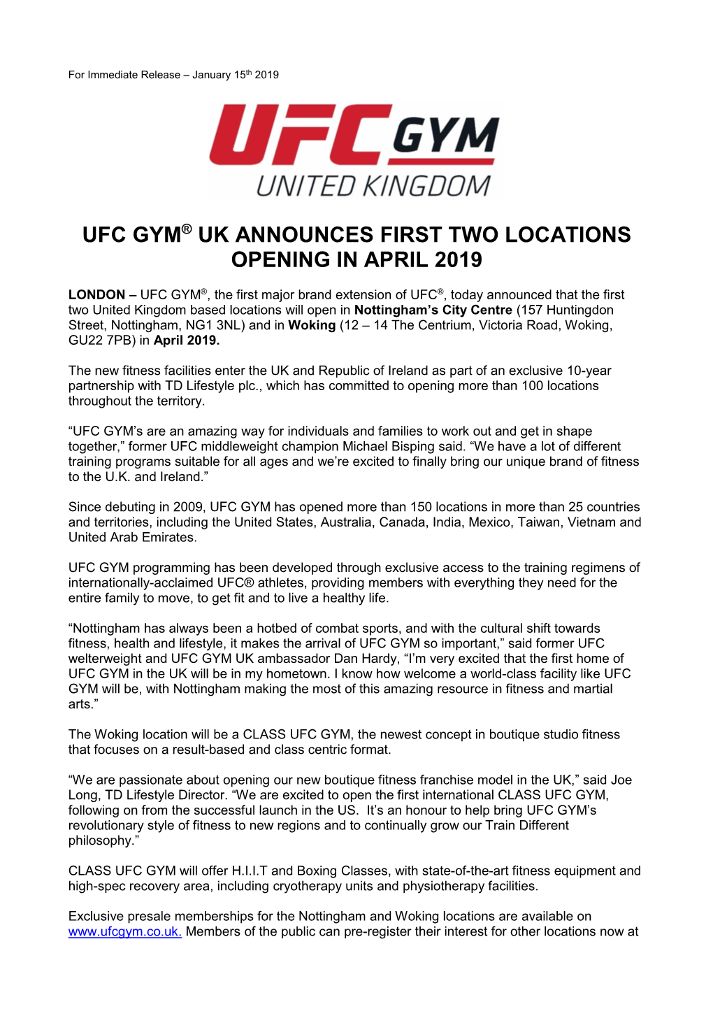 Ufc Gym® Uk Announces First Two Locations Opening in April 2019