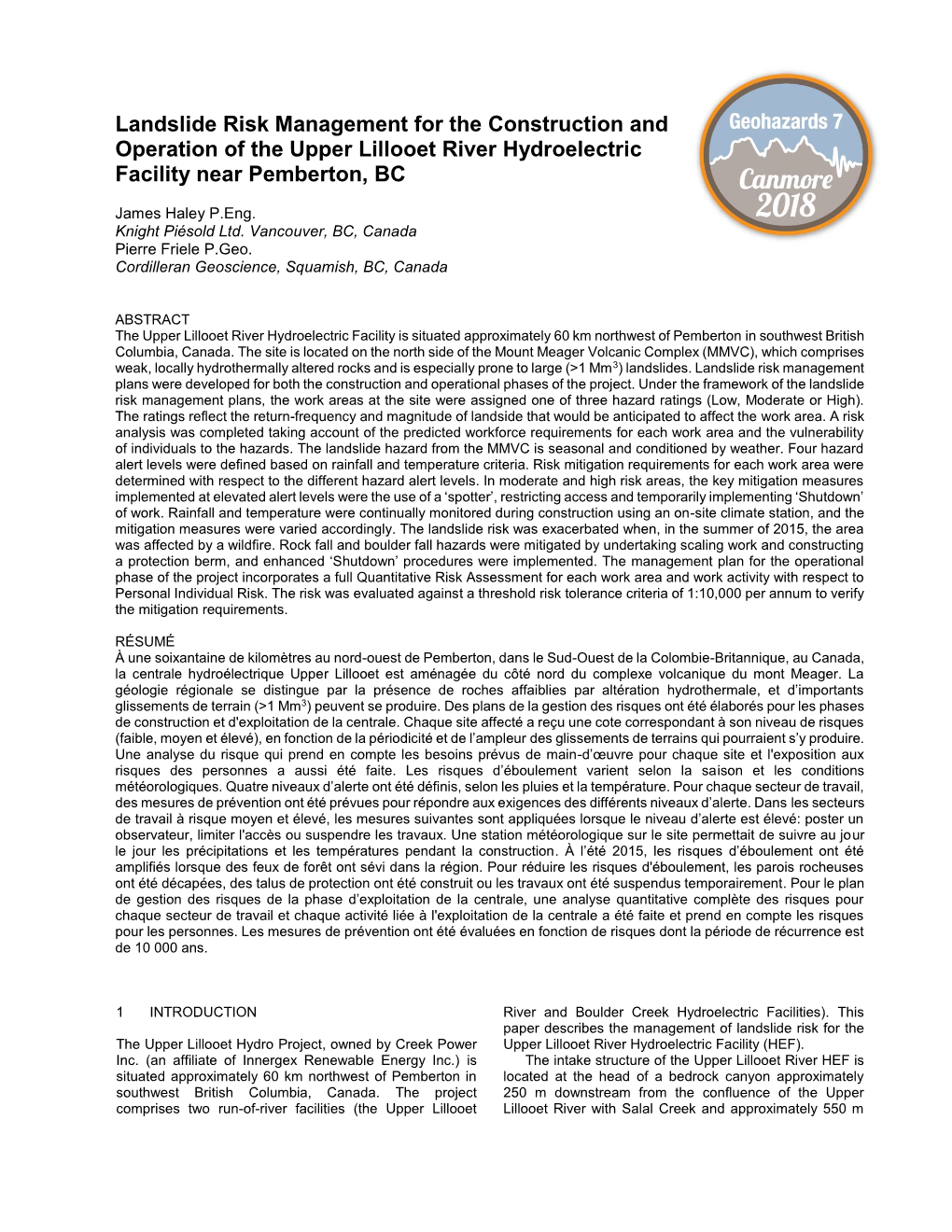 Landslide Risk Management for the Construction and Operation of the Upper Lillooet River Hydroelectric Facility Near Pemberton, BC