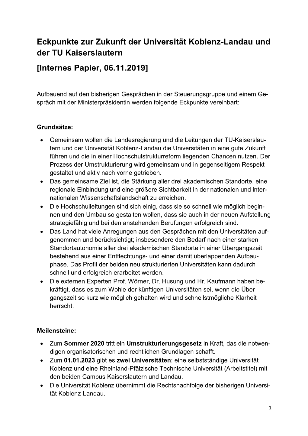 Eckpunkte Zur Zukunft Der Universität Koblenz-Landau Und Der TU Kaiserslautern [Internes Papier, 06.11.2019]