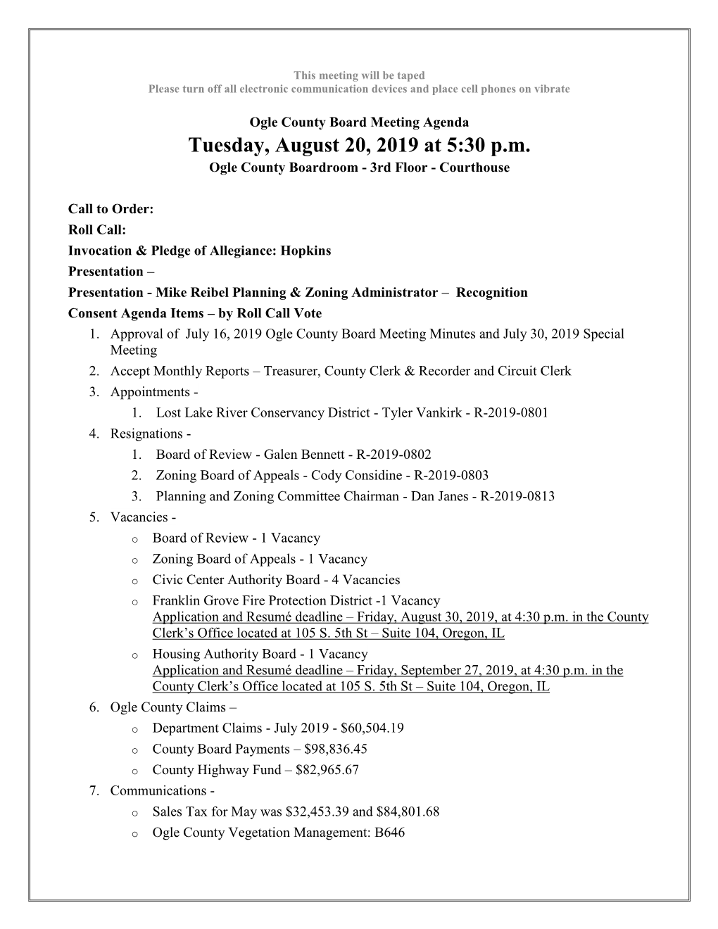 Tuesday, August 20, 2019 at 5:30 P.M. Ogle County Boardroom - 3Rd Floor - Courthouse