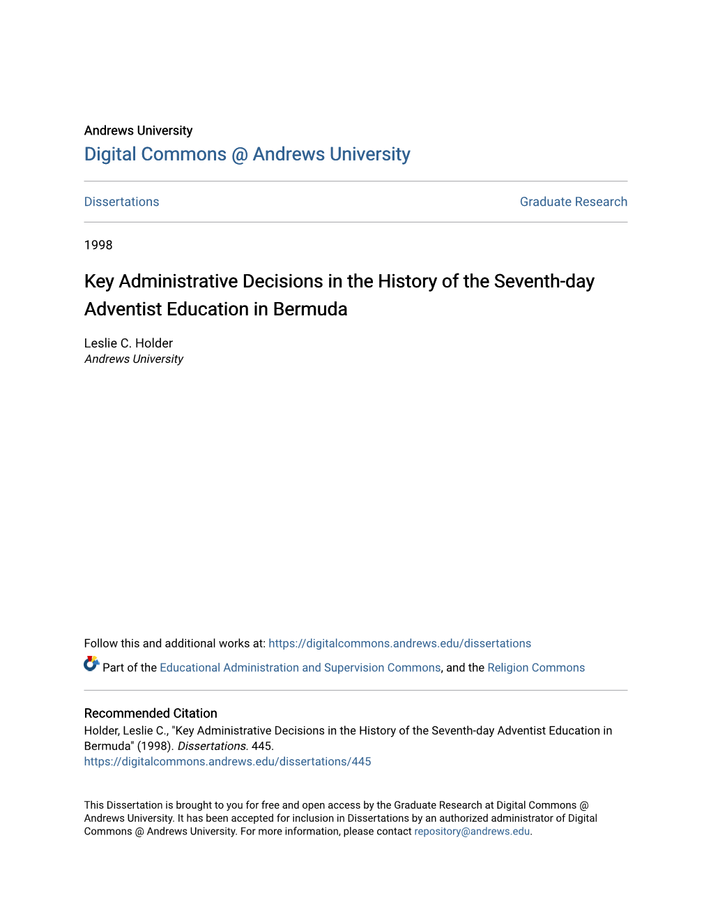 Key Administrative Decisions in the History of the Seventh-Day Adventist Education in Bermuda