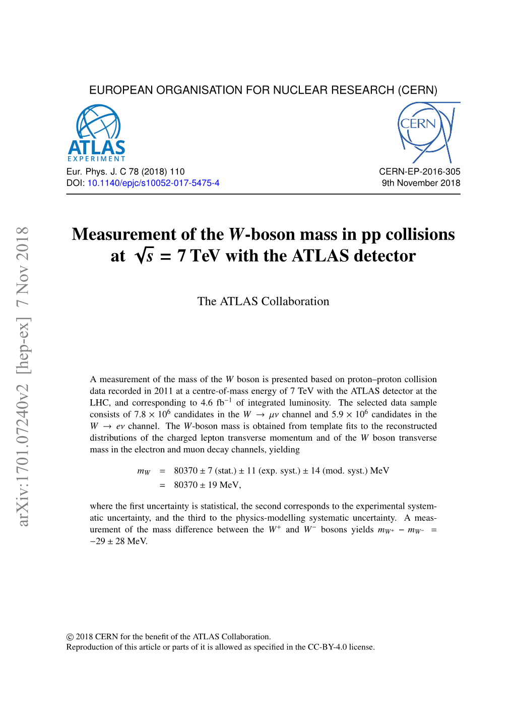 Measurement of the W-Boson Mass in Pp Collisions at √ S = 7 Tev